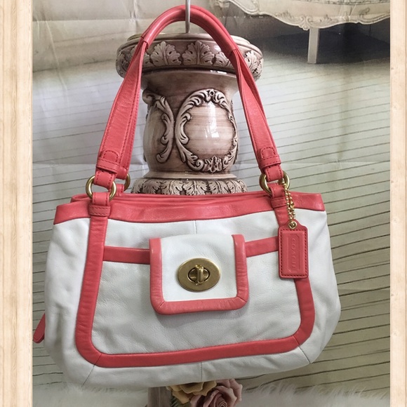 Coach White/Coral Leather Cricket Satchel Bag NWT